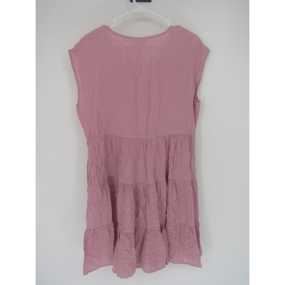 Pink Tiered Mini Dress Sz. M Crepe Boho Pockets Cottage Gauze Flowy Beachy Trave - Picture 3 of 10